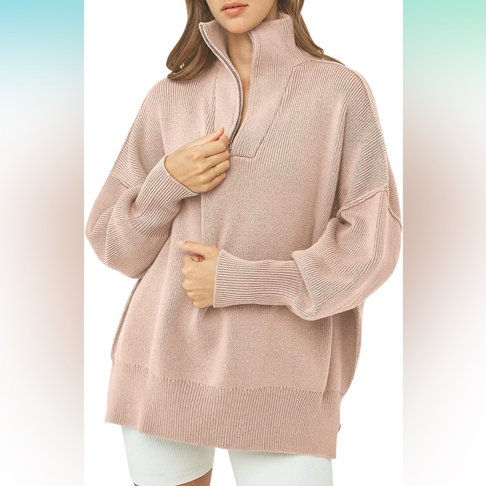 Women's Long Sleeve 1/4 Zipper Oversized Pullover Sweater with Slit